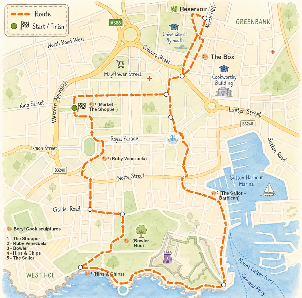 Simple map of a Plymouth circular walk including the Beryl Cook sculpture trail, The Hoe, Barbican, The Box and Drake’s Place Reservoir