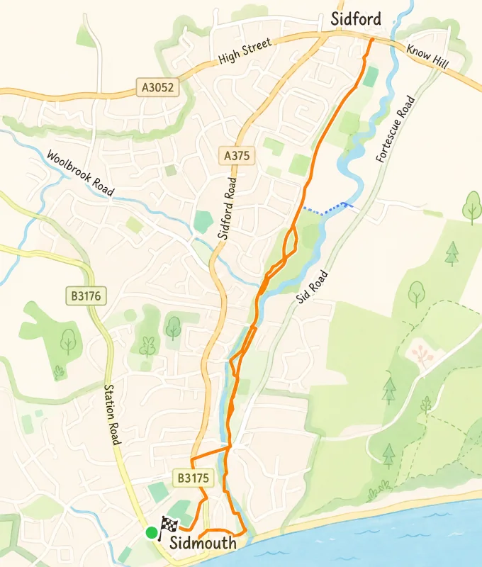 Map showing the walking route through The Byes between Sidmouth and Sidford