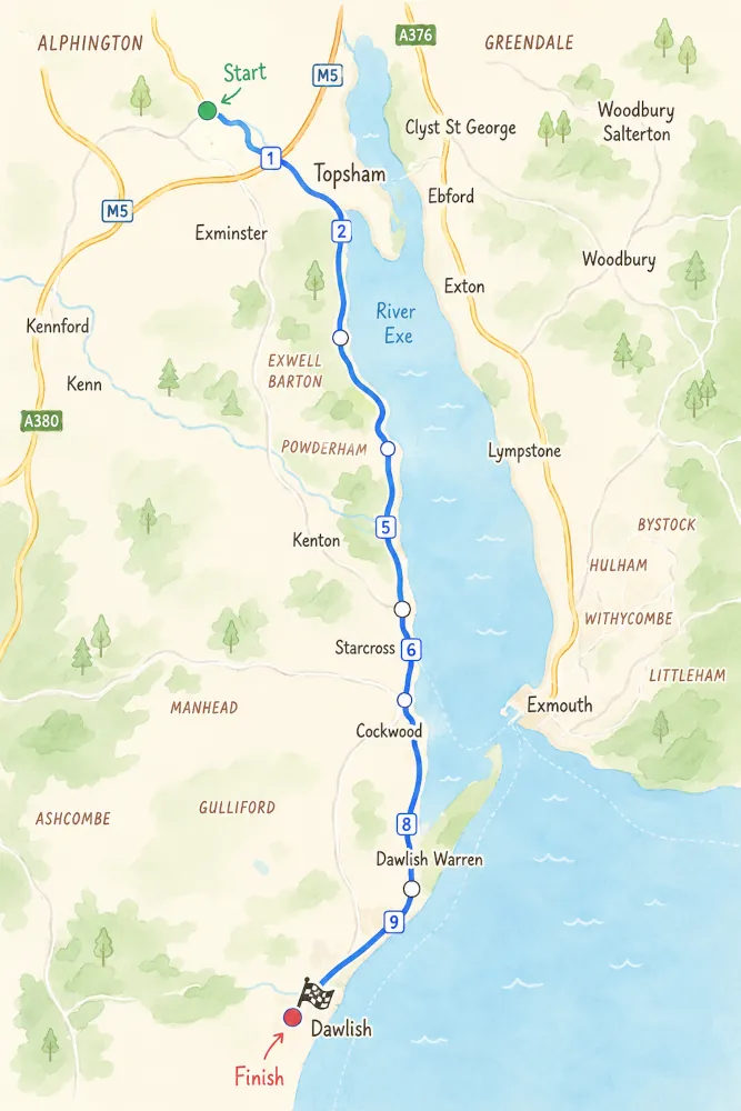 Route map of the South West Coast Path from Exeter Swing Bridge to Dawlish
